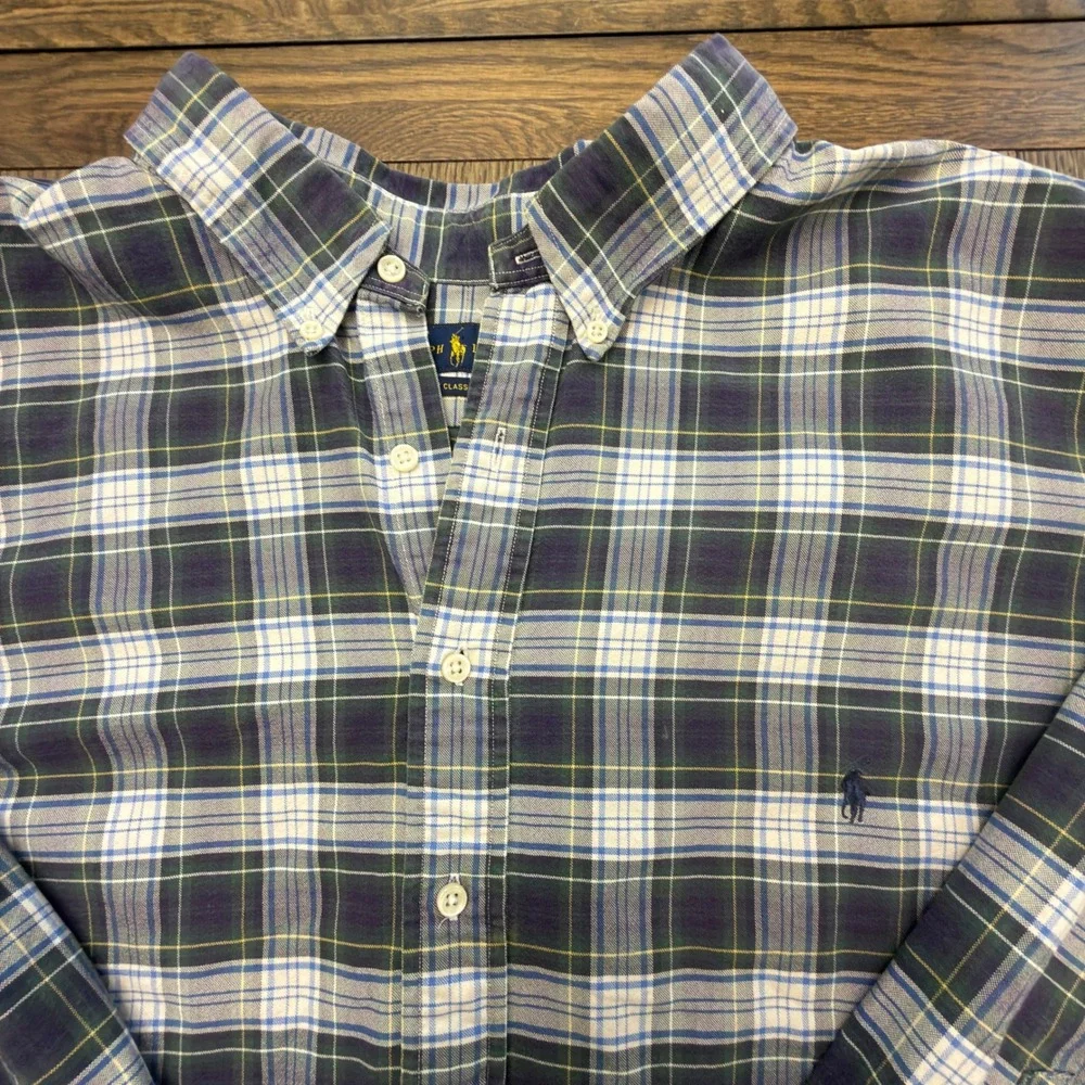 Polo Ralph Lauren Mens 4XB Classic Fit Plaid Button Down Shirt Green Navy Blue
